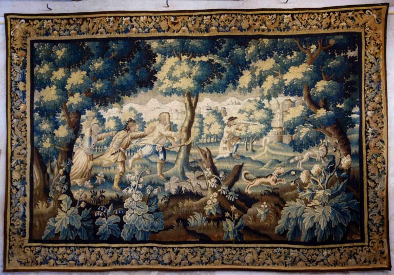 Importante tapisserie d’Aubusson « chasse au renard », début du 18e siècle.